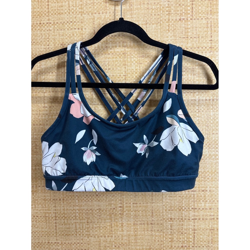 Athleta Womens Floral Strappy Back Sports Bra Navy Blue Pink Size Large
